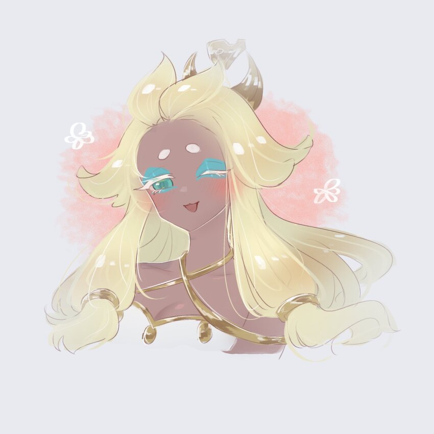 1girl, bare_shoulders, blonde_hair, cookie_run, cookie_run:_kingdom, dark-skinned_female, dark_skin, dress, eyeshadow, highres, long_hair, looking_at_viewer, makeup, mewmew_xi, mozzarella_cookie, open_mouth, simple_background, smile, solo, very_long_hair, white_background