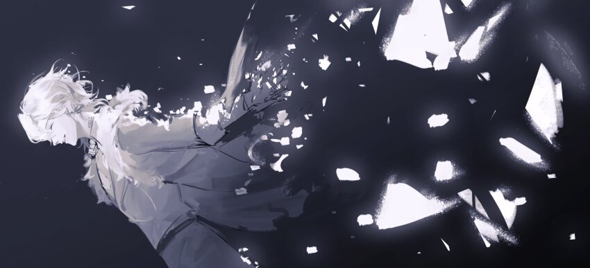 1boy, aventurine_(honkai:_star_rail), closed_eyes, commentary_request, disintegration, dutch_angle, earrings, from_side