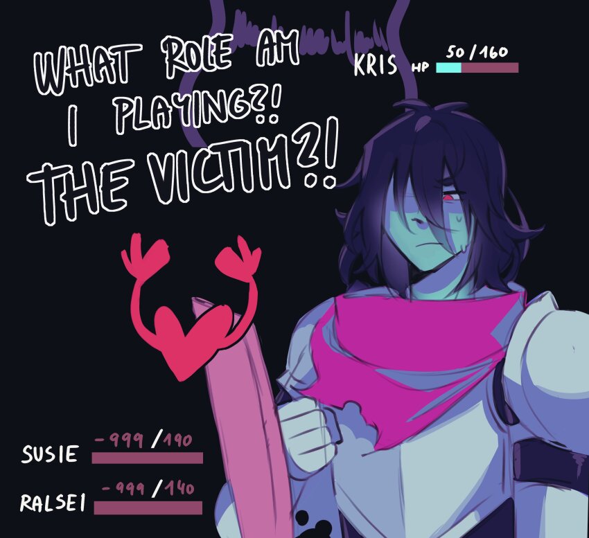 !?, 2others, absurdres, armor, black_background, black_hair, blue_skin, colored_skin, commentary, deltarune, despair, elliboon, english_commentary, english_text, expressionless, frown, hair_between_eyes, health_bar, highres, knight, kris_(dark_world)_(deltarune), kris_(deltarune), long_hair_between_eyes, medium_hair, messy_hair, multiple_others, partially_shaded_face, pink_scarf, ralsei, red_eyes, scarf, shouting, simple_background, soul_(deltarune), spoilers, susie_(deltarune), sweatdrop, upper_body, utdr_(toby_fox)