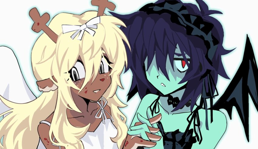 1girl, 1other, alien_stage, angel_wings, animal_ears, antlers, black_choker, black_dress