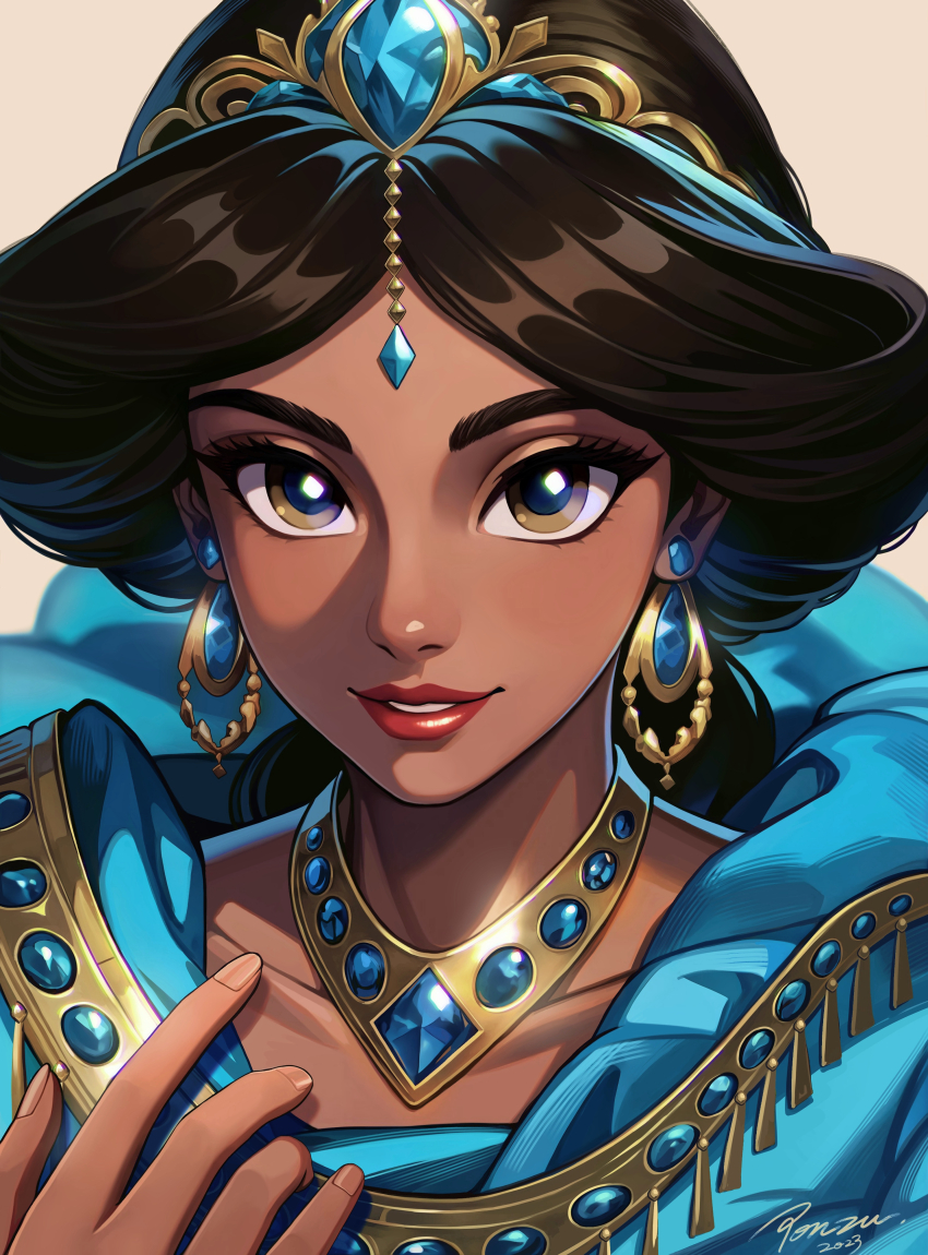 1girl, absurdres, aladdin_(movie), animification, arabian_clothes, bare_shoulders, black_hair, brown_eyes