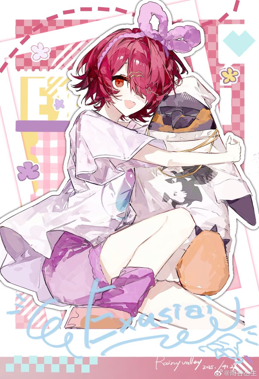 1girl, :d, alternate_costume, arknights, artist_name, blouse, blue_shorts, bow