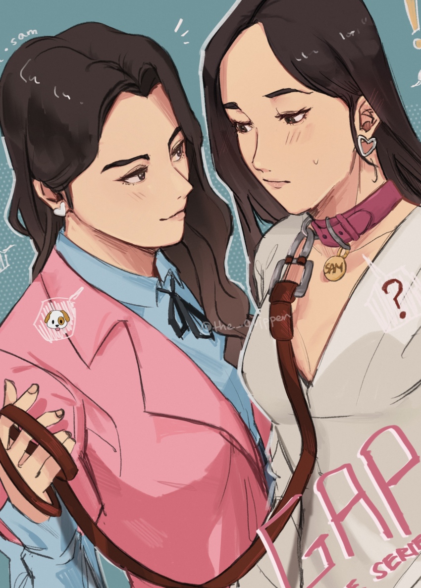 2girls, ?, absurdres, animal_collar, black_eyes, black_ribbon, blue_background, blue_shirt, collar, collared_shirt, commentary, copyright_name, dog_emoji, earrings, english_commentary, gap:_the_series, heart, heart_earrings, highres, holding, holding_leash, jacket, jewelry, kornkamon_phetpailin, leash, multiple_girls, neck_ribbon, pink_jacket, ribbon, samanun_anuntrakul, shirt, signature, small_sweatdrop, smile, spoken_emoji, spoken_question_mark, the_quipper, v-neck, white_shirt, yuri