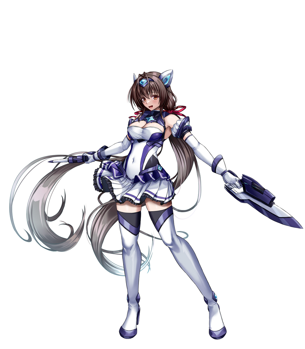 1girl, bare_shoulders, boots, breasts, brown_eyes, brown_hair, cleavage, commentary_request