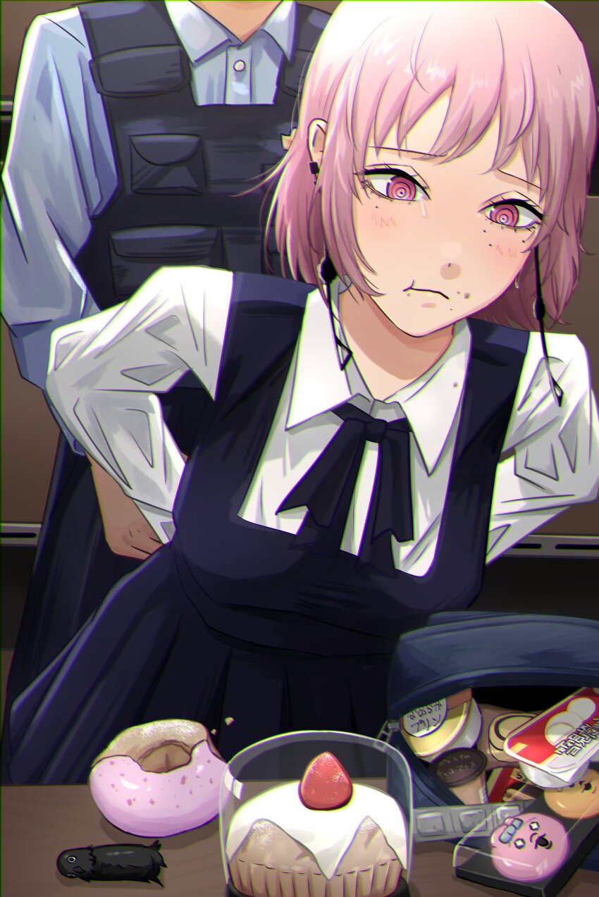 1boy, 1girl, absurdres, aguxxxuu, arrest, backpack, bag, black_dress