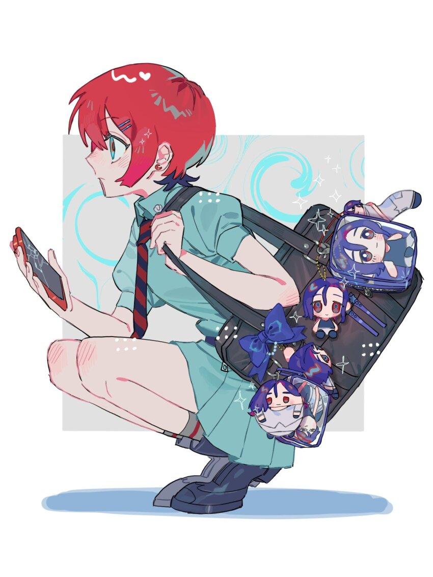 1girl, amate_yuzuriha, aqua_shirt, aqua_skirt, bag, black_shoes, character_doll, commentary, doll, full_body, gundam, gundam_gquuuuuux, highres, holding, holding_bag, holding_phone, m_manjyu, oshikatsu, phone, red_hair, shadow, shirt, shoes, shuji_ito, skirt, solo, squatting, untranslatable_commentary, white_background