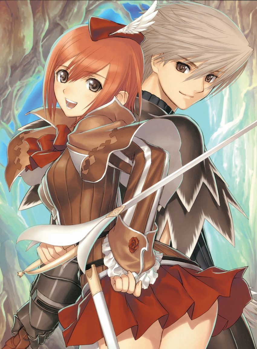 brown_eyes, highres, kaito_kiriya, red_hair, seena_kanon, sega, shining_(series), shining_wind, sword, tony_taka, weapon