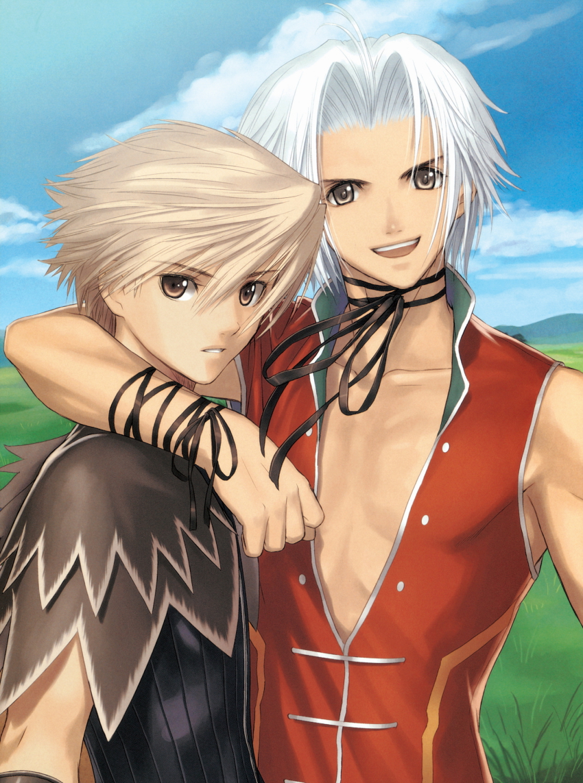 >:d, 2boys, :d, akizuki_souma, arm_around_neck, asymmetrical_hair, black_ribbon, blonde_hair, blue_sky, brown_eyes, capelet, choker, cloud, collarbone, day, field, grass, head_tilt, highres, kaito_kiriya, looking_at_viewer, male_focus, multiple_boys, open_mouth, outdoors, parted_lips, red_vest, ribbon, ribbon_choker, round_teeth, sega, shining_(series), shining_wind, sky, sleeveless, smile, souma_akizuki, teeth, tony_taka, upper_body, v-shaped_eyebrows, vest, white_hair, wrist_ribbon