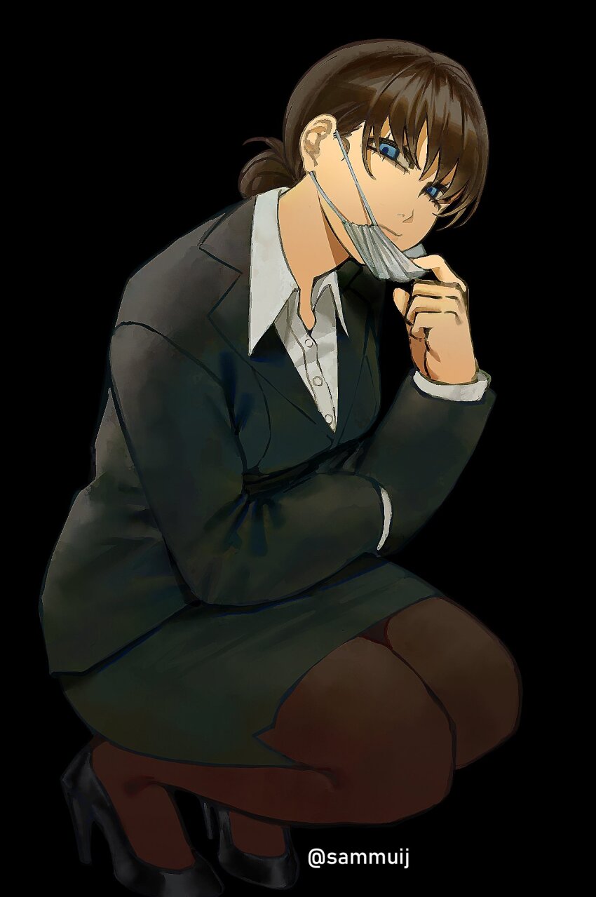 1girl, black_background, black_hair, black_jacket, black_pantyhose, black_skirt, blue_eyes, chainsaw_man