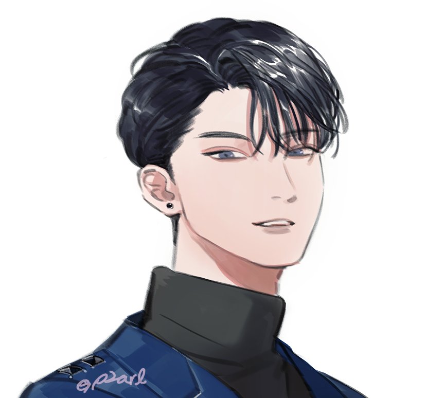 1boy, black_hair, blue_jacket, commentary_request, hair_between_eyes, jacket, k-pop, korean_commentary