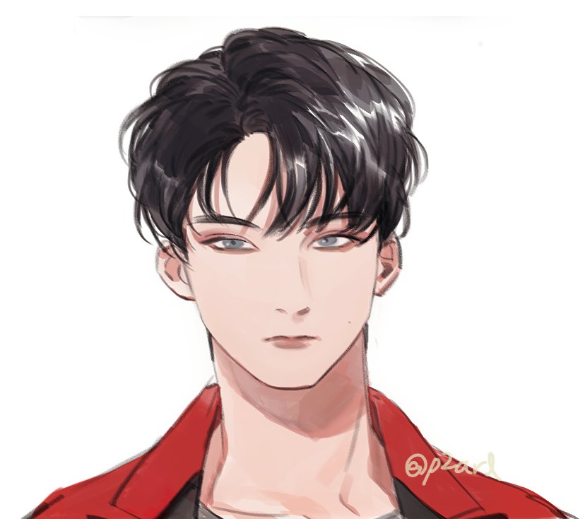 1boy, black_hair, closed_mouth, commentary_request, eyeshadow, jacket, k-pop, korean_commentary