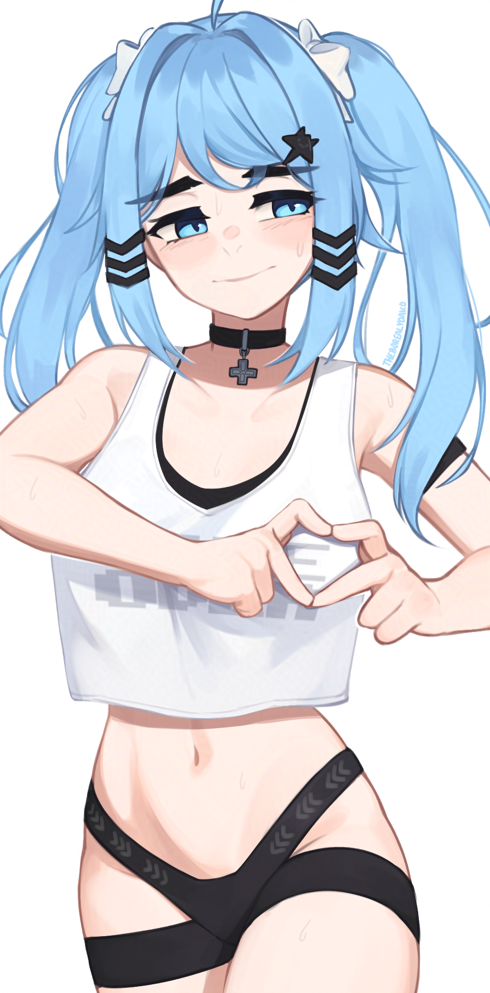 1girl, adversarial_noise, ahoge, bare_arms, bare_shoulders, black_choker, blue_eyes, blue_hair