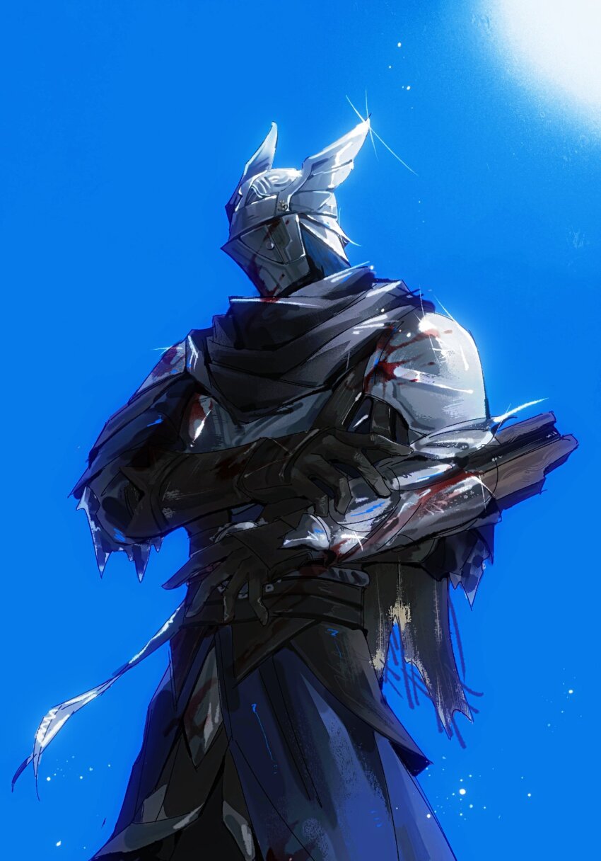 1boy, armor, belt, black_belt, black_gloves, black_scarf, blood, blood_on_armor