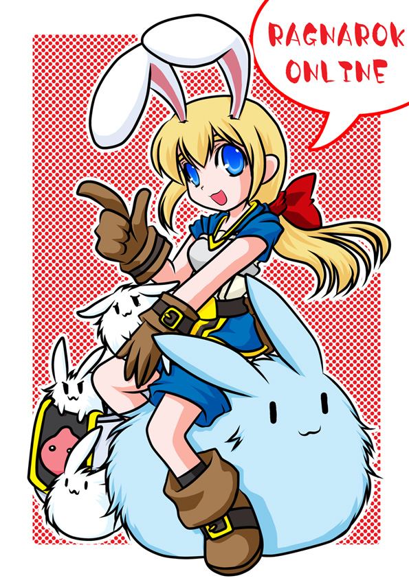 1girl, :d, animal_ears, blonde_hair, blue_eyes, blue_shirt, blue_shorts, bow