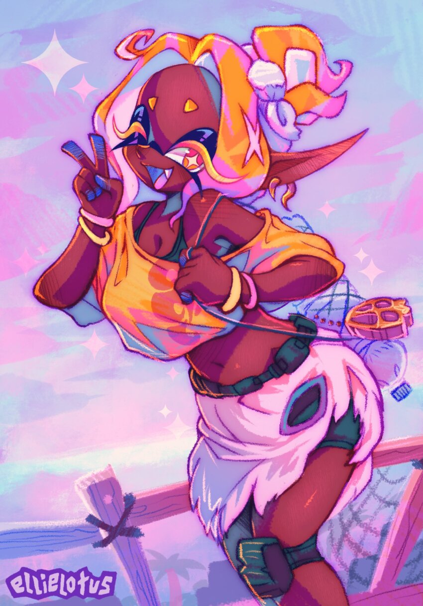 blonde_hair, bracelet, colored_eyelashes, cropped_shirt, dark-skinned_female, dark_skin, earrings, ellie_lotus