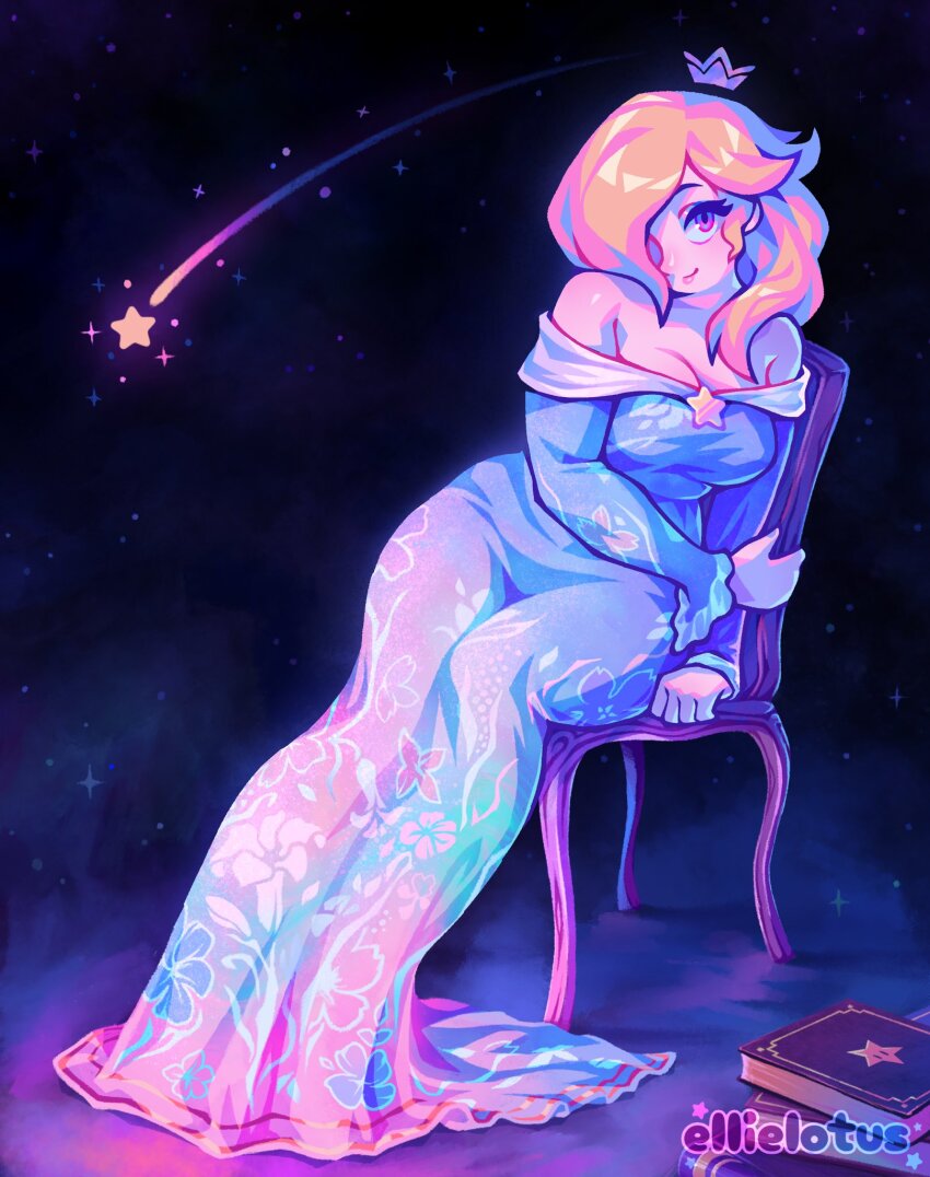 1girl, aqua_dress, bare_shoulders, blonde_hair, book, breasts, brooch, chair, crown, dress, ellie_lotus, floating_crown, floral_print, hair_over_one_eye, highres, jewelry, long_hair, long_sleeves, looking_at_viewer, mario_(series), nintendo, off-shoulder_dress, off_shoulder, rosalina, shooting_star, sitting, solo, star_(sky), star_brooch, starry_sky_background, wide_hips