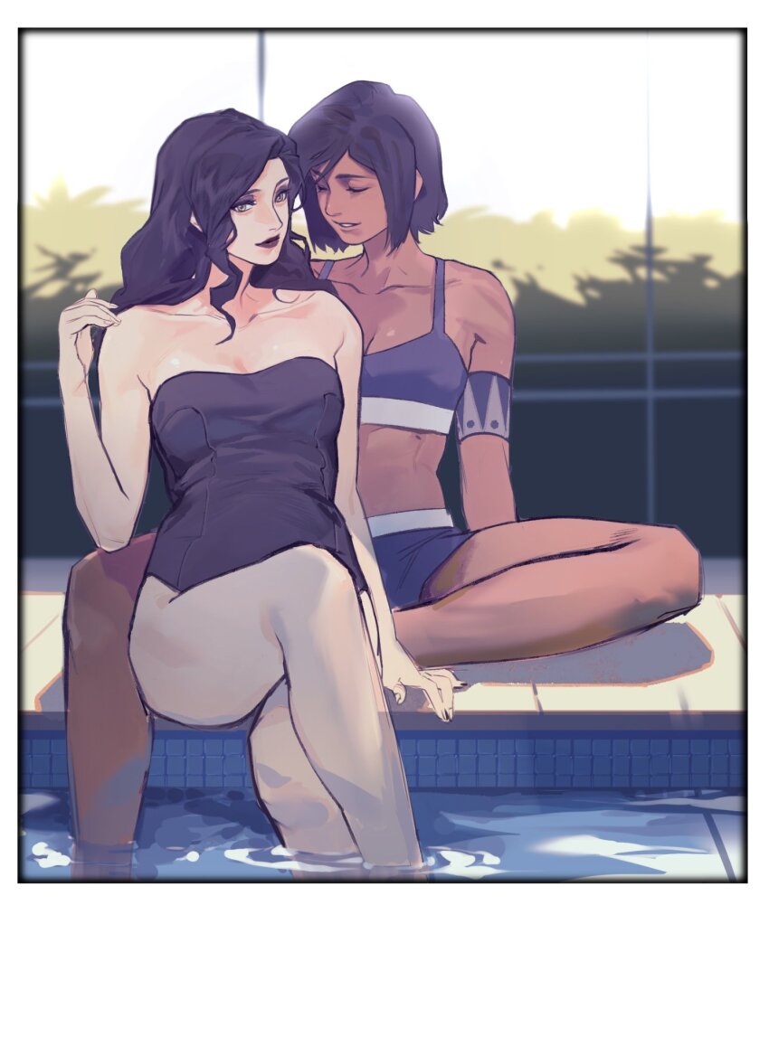 2girls, alternate_costume, asami_sato, avatar_legends, bare_arms, bare_legs, bikini, black_bikini, black_hair, black_one-piece_swimsuit, breasts, brown_hair, closed_mouth, collarbone, commentary, dark-skinned_female, dark_skin, day, dogwhitee, english_commentary, highres, korra, long_hair, medium_breasts, multiple_girls, off-shoulder_one-piece_swimsuit, off_shoulder, one-piece_swimsuit, outdoors, pool, short_hair, strapless, strapless_one-piece_swimsuit, swimsuit, the_legend_of_korra, yuri