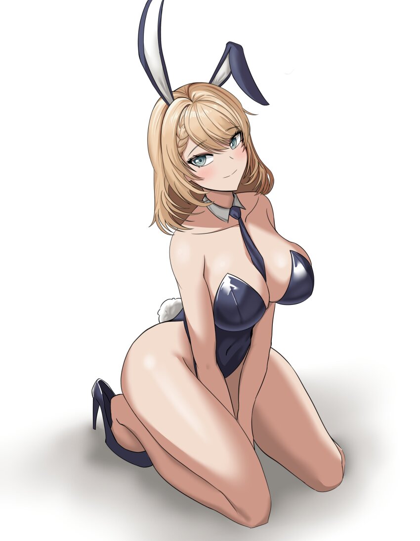 1girl, absurdres, alternate_costume, animal_ears, bare_shoulders, blonde_hair, blue_eyes, blue_leotard