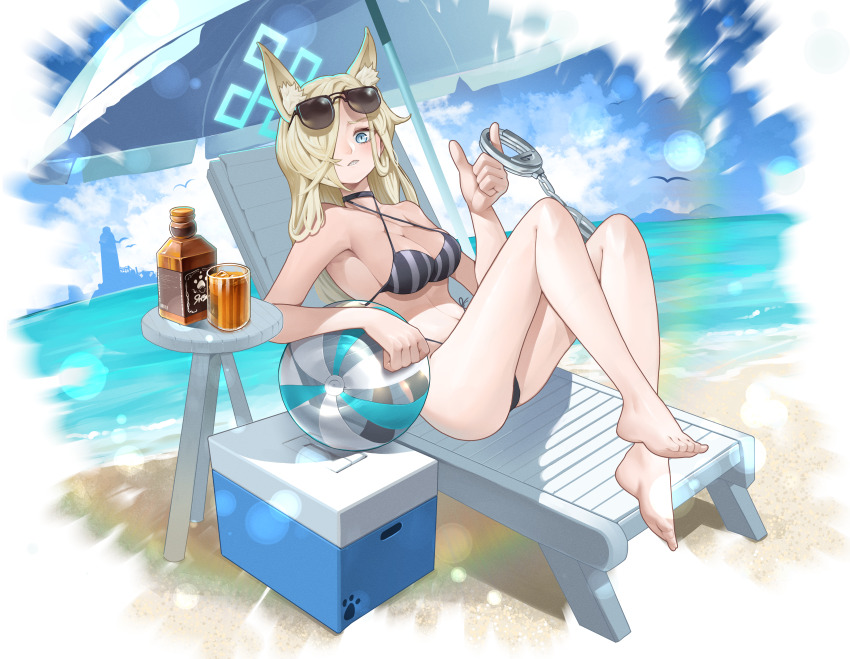 1girl, absurdres, alternate_costume, animal_ears, arm_rest, ball, barefoot, beach, beach_chair, beach_umbrella, beachball, bikini, black_bikini, blonde_hair, blue_archive, blue_eyes, blurry, bokeh, breasts, cleavage, cooler, cuffs, day, depth_of_field, dog_ears, eyewear_on_head, fangs, feet, full_body, hair_over_one_eye, handcuffs, highres, holding, holding_handcuffs, jeongdang_geolae, kanna_(blue_archive), knees_up, long_hair, looking_at_viewer, medium_breasts, navel, ocean, outdoors, paw_print, sand, sitting, solo, striped_bikini, striped_clothes, sunglasses, swimsuit, umbrella