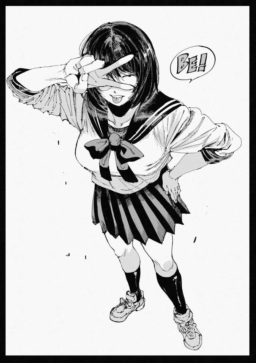 1girl, :p, black_border, bob_cut, border, breasts, from_above, greyscale