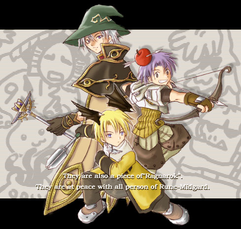 2000s_(style), 3boys, acolyte_(ragnarok_online), alarm_(ragnarok_online), apple_on_head, arrow_(projectile), arrow_through_apple, black_gloves