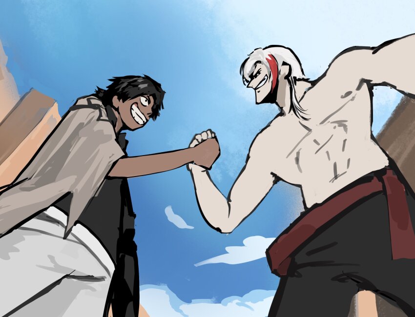 2boys, black_hair, black_shirt, blue_sky, elysium_(arknights), eye_contact, grin, handshake