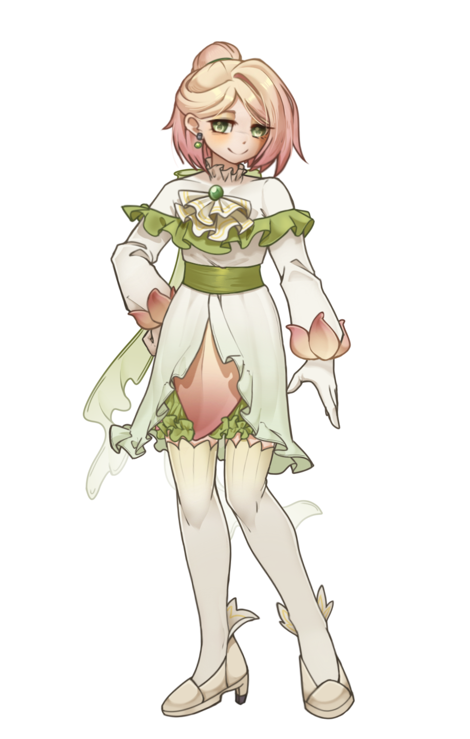 1girl, arm_at_side, ascot, belt, blonde_hair, brooch, chinese_commentary, closed_mouth