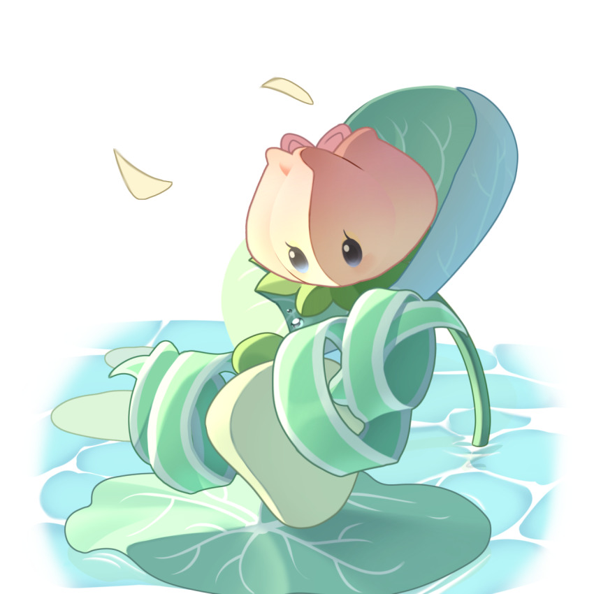 blue_eyes, face-to-face, falling_petals, flower, highres, leaf, lily_(flower), lily_pad