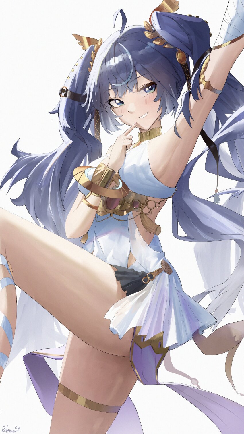 1girl, absurdres, ahoge, ancient_greek_clothes, arm_up, armpits, black_skirt, blue_eyes, blue_hair, breasts, commentary, finger_to_face, from_side, greco-roman_clothes, head_wreath, highres, iuno_(wuthering_waves), long_hair, looking_at_viewer, medium_breasts, parted_lips, rakizuuu, signature, simple_background, skirt, smile, solo, thighs, twintails, very_long_hair, white_background, wuthering_waves