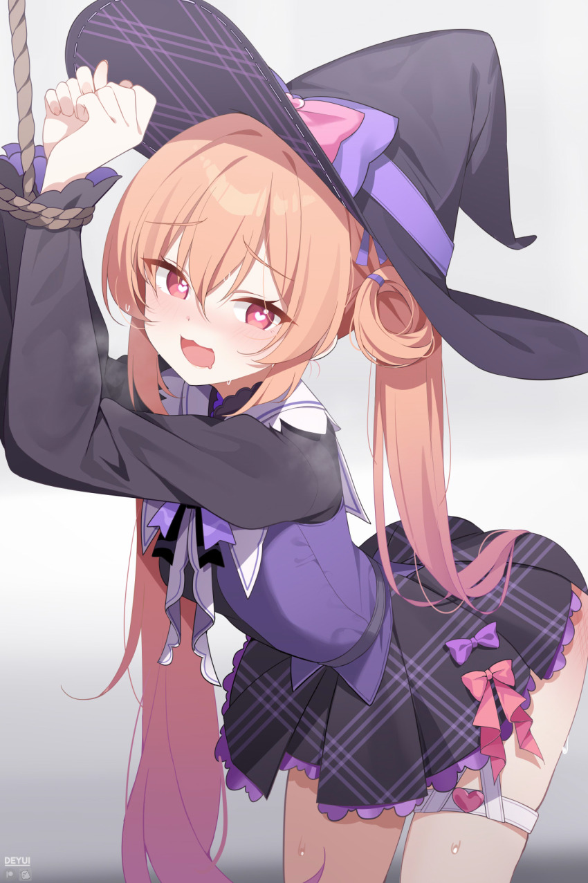 1girl, :3, :d, black_shirt, blush, bow, commentary, deyui, drooling, english_commentary, grey_background, hair_between_eyes, hair_rings, hat, hat_bow, heart, heart-shaped_pupils, highres, long_hair, long_sleeves, looking_at_viewer, miniskirt, mistique_(stella_sora), mouth_drool, open_mouth, orange_hair, pleated_skirt, purple_eyes, purple_skirt, purple_vest, red_eyes, revision, sailor_collar, shirt, simple_background, skirt, smile, solo, stella_sora, symbol-shaped_pupils, thigh_strap, twintails, very_long_hair, vest, white_sailor_collar, witch_hat