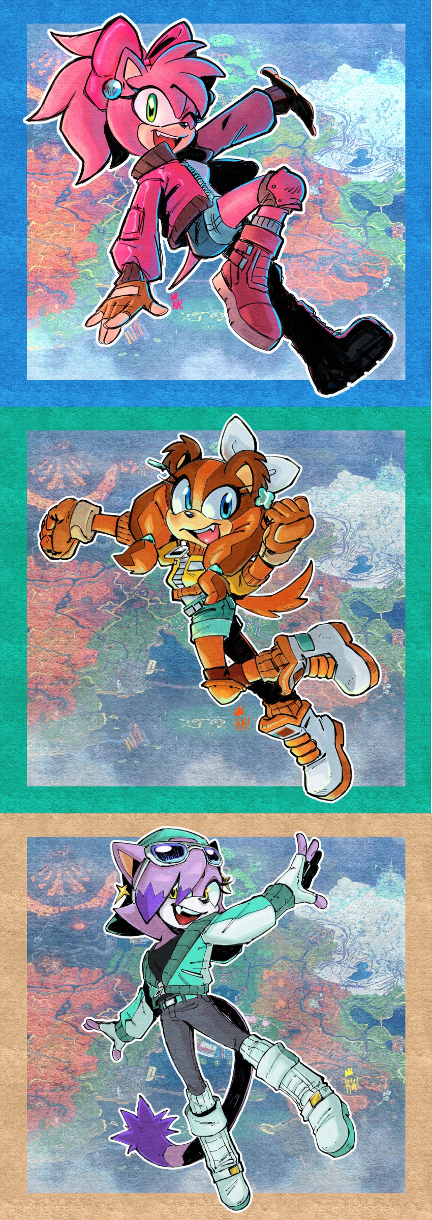 3girls, absurdres, amy_rose, animal_ears, backwards_hat, belt, blue_border, blue_eyes, boots, border, cat_ears, cat_girl, cat_tail, clenched_hands, colored_tips, cosplay, crossover, denim, denim_shorts, earrings, eyewear_on_head, fang, fingerless_gloves, forehead_jewel, full_body, furry, furry_female, gloves, green_eyes, hat, highres, jacket, jewelry, knee_pads, kryptiq_kreachur, looking_at_viewer, map, map_background, mario_(series), mario_kart, mario_kart_world, multicolored_hair, multiple_girls, nintendo, one_eye_closed, open_clothes, open_jacket, open_mouth, outline, outside_border, princess_daisy, princess_daisy_(cosplay), princess_daisy_(touring), princess_peach, princess_peach_(cosplay), princess_peach_(touring), purple_fur, purple_hair, rosalina, rosalina_(cosplay), rosalina_(touring), sega, shoes, shorts, signature, smile, solo, sonic_(series), sonic_boom_(series), sonic_racing:_crossworlds, star_(symbol), star_earrings, sticks_the_badger, tail, white_boots, white_outline, white_shoes, world_map, yellow_eyes