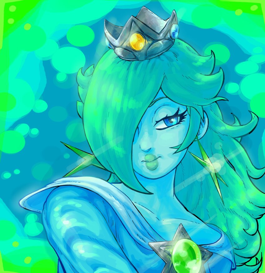 1girl, absurdres, aqua_dress, blonde_hair, blue_eyes, brooch, collarbone, crown