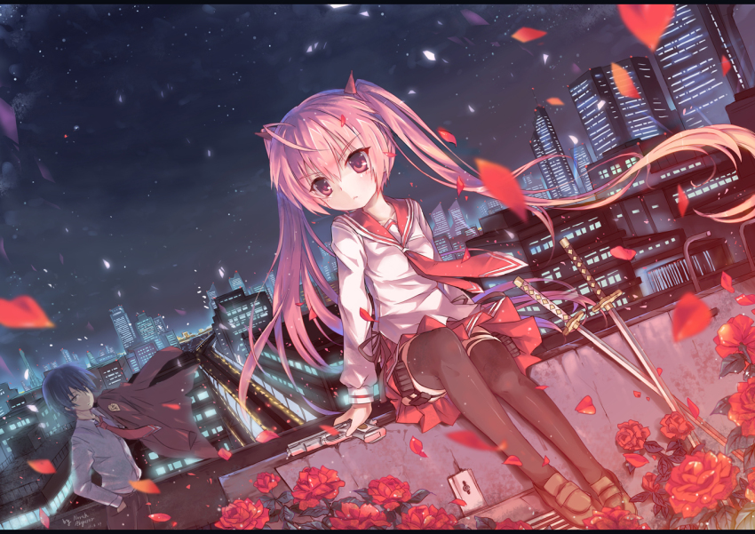 1boy, 1girl, black_thighhighs, blazer, blush, cityscape, dutch_angle, flat_chest