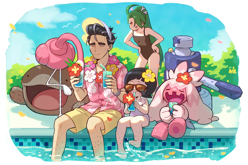 1boy, 3girls, ahoge, anger_vein, arched_bangs, barefoot, beak, bird