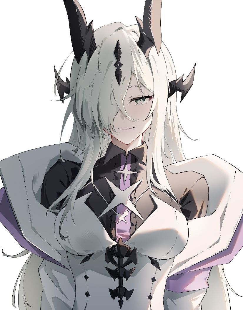 1girl, 3543045829, arknights, black_horns, chinese_commentary, commentary, dragon_girl, dragon_horns, green_eyes, hair_over_one_eye, horns, long_hair, multiple_horns, necrass_(arknights), simple_background, smile, solo, upper_body, white_background, white_hair