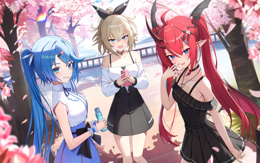 absurdres, alternate_costume, black_tail, blue_eyes, blue_hair, breasts, cellphone, cherry_blossoms