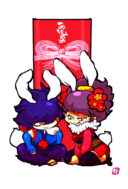 1boy, 1girl, akeome, animal_ears, chibi, eating, food, happy_new_year