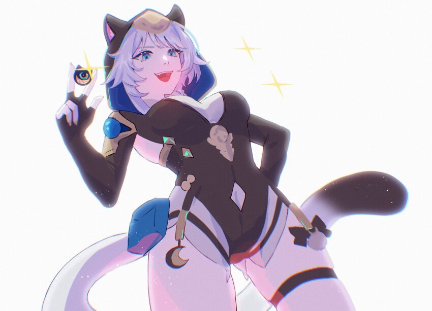 1girl, animal_ears, animal_hood, black_gloves, black_leotard, blue_eyes, breasts, cat_ears, cat_girl, cat_hood, cat_tail, chromatic_aberration, cipher_(honkai:_star_rail), fingerless_gloves, gloves, grey_hair, hashtag-only_commentary, highres, honkai:_star_rail, honkai_(series), hood, hooded_leotard, large_breasts, leotard, nail_polish, open_mouth, overexposure, rinsmeray, short_hair, simple_background, solo, tail, thighs, white_background