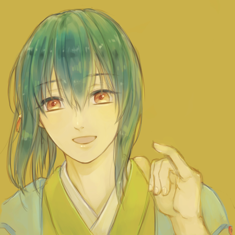 1boy, :d, bishounen, bokujou_monogatari, bokujou_monogatari:_mittsu_no_sato_no_taisetsuna_tomodachi, double-parted_bangs, green_hair, green_kimono, hair_between_eyes, hand_up, japanese_clothes, kimono, looking_at_viewer, male_focus, open_mouth, pinky_out, ponytail, portrait, red_eyes, salad726, sidelocks, smile, solo, yellow_background, yuzuki_(bokujou_monogatari)