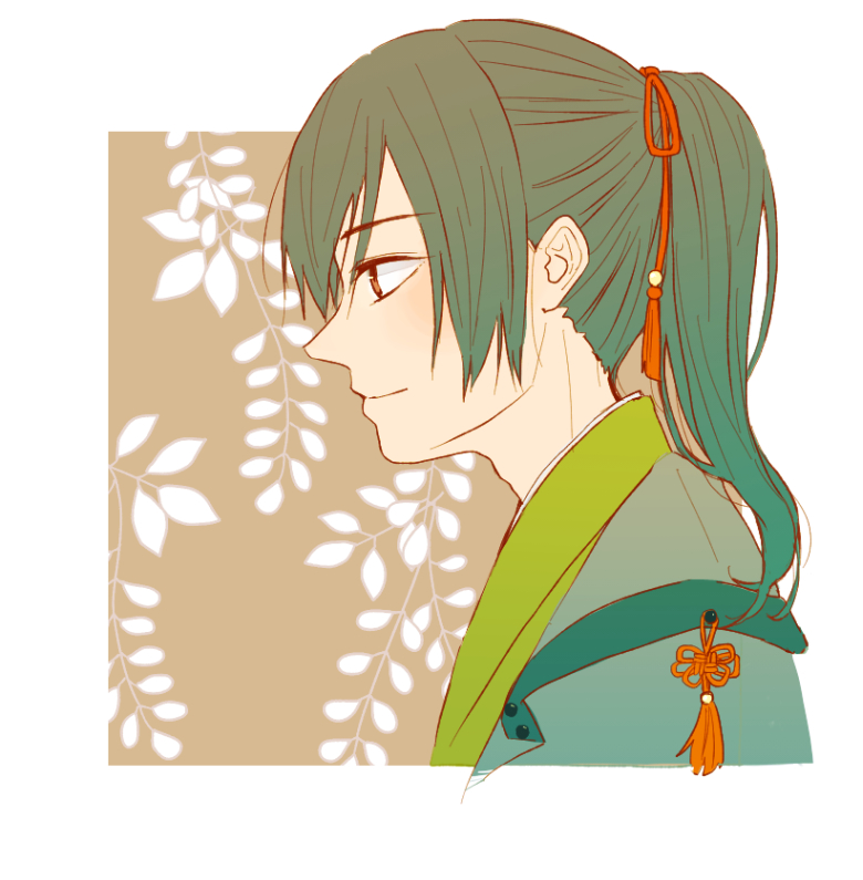 1boy, bokujou_monogatari, bokujou_monogatari:_mittsu_no_sato_no_taisetsuna_tomodachi, border, branch, brown_background, chinese_knot, closed_mouth