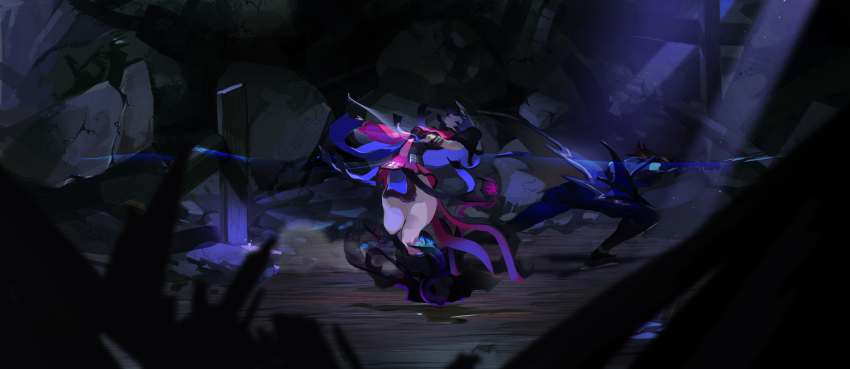 1boy, 1girl, battle, brown_hair, coffeefox33, dark, date_masamune_(sengoku_basara), destruction, highres, long_hair, oichi_(sengoku_basara), sengoku_basara, short_hair, thighs