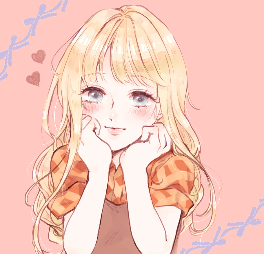 1girl, arm_support, blonde_hair, blue_eyes, blush, bokujou_monogatari, bokujou_monogatari:_mittsu_no_sato_no_taisetsuna_tomodachi, bow_background