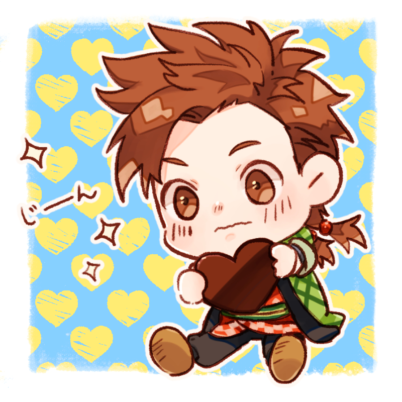 1boy, black_pants, blue_background, blush, bokujou_monogatari, bokujou_monogatari:_mittsu_no_sato_no_taisetsuna_tomodachi, border, brown_eyes