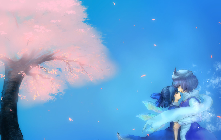 2girls, amazawa_kazumi, blue_hair, cherry_blossoms, cirno, dress, letty_whiterock, light_purple_hair, multiple_girls, perfect_cherry_blossom, petals, scarf, short_hair, smile, touhou, tree, wings