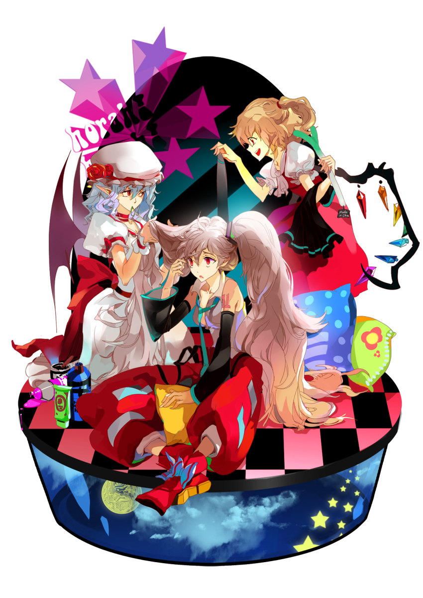 3girls, alternate_hairstyle, bat_wings, blonde_hair, blue_hair, brushing_hair, coffeefox33, comb