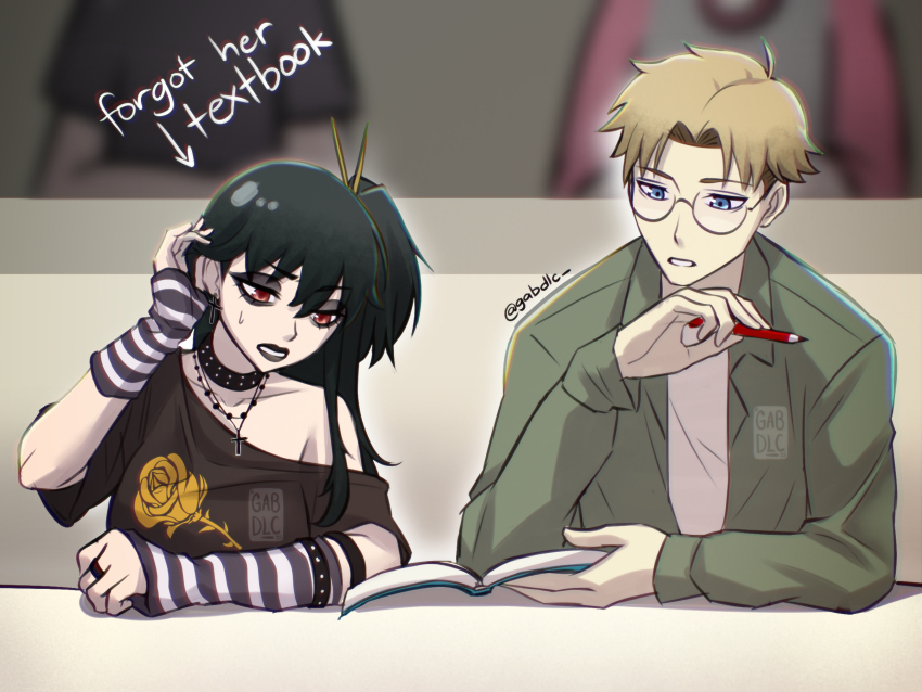 1boy, 1girl, black_choker, black_eyeshadow, black_hair, black_lips, breasts, choker, cross, ear_piercing, earrings, eyeshadow, gabdlc, goth_fashion, highres, jewelry, large_breasts, long_hair, long_sleeves, makeup, open_mouth, piercing, red_eyes, short_hair, spiked_choker, spikes, spy_x_family, twilight_(spy_x_family), yor_briar