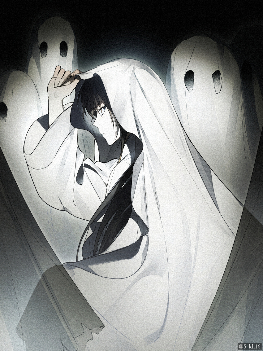 1boy, absurdres, bed_sheet, black_hair, chinese_clothes, closed_mouth, film_grain, grey_eyes, halloween, hanfu, highres, holding, holding_sheet, jinhongi, korean_commentary, long_hair, long_sleeves, looking_back, male_focus, official_art, oh_wolrang, seol_young, sheet_ghost, solo, torn_clothes, twitter_username, white_hanfu, wide_sleeves