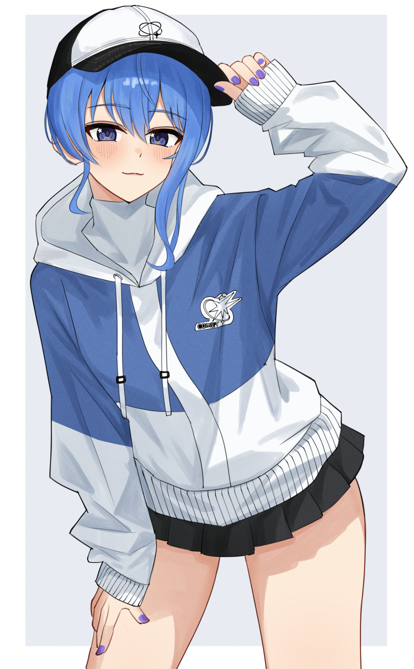 1girl, :3, absurdres, adjusting_clothes, adjusting_headwear, asymmetrical_sidelocks, baseball_cap, black_skirt