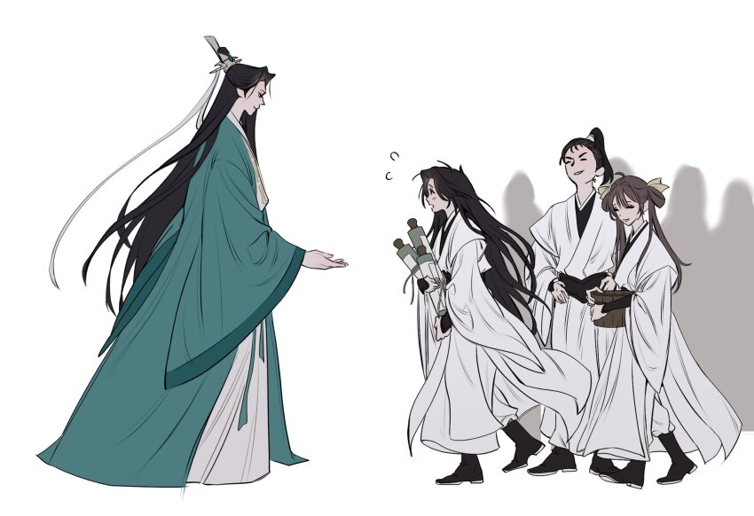 1girl, 3boys, aged_down, black_boots, black_hair, black_sash, boots, brown_hair