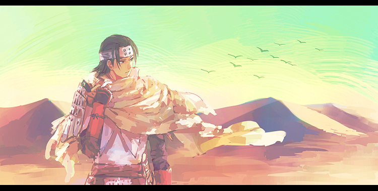 1boy, amago_haruhisa_(sengoku_basara), armor, black_hair, frown, green_sky, headband, japanese_armor